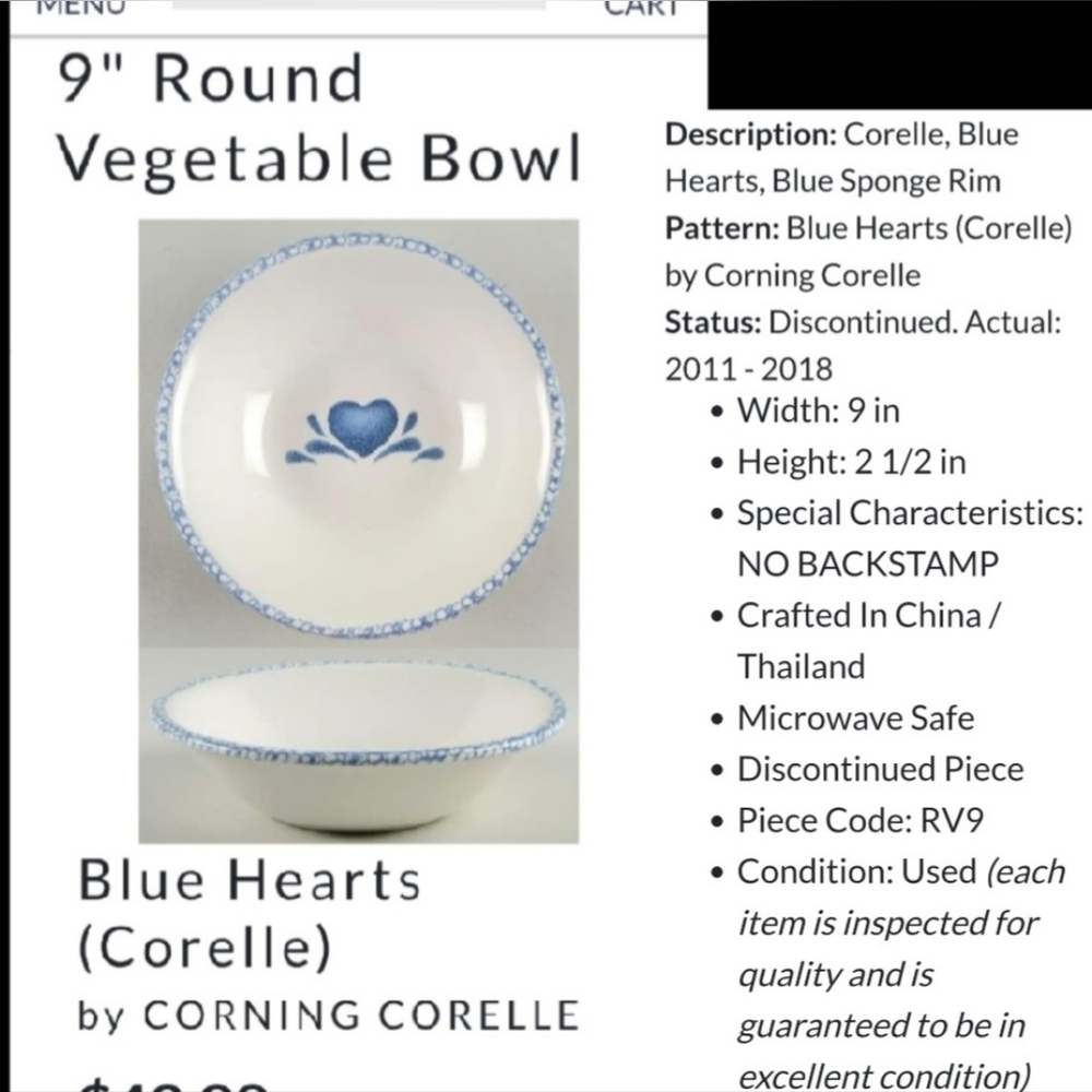 9" Corelle Blue Hearts 💙 My Love Stoneware Serving Bowl 💙